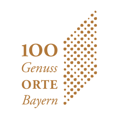 Logo 100 Genussorte Bayern mit stilisierter Traubenstruktur aus goldenen Punkten.